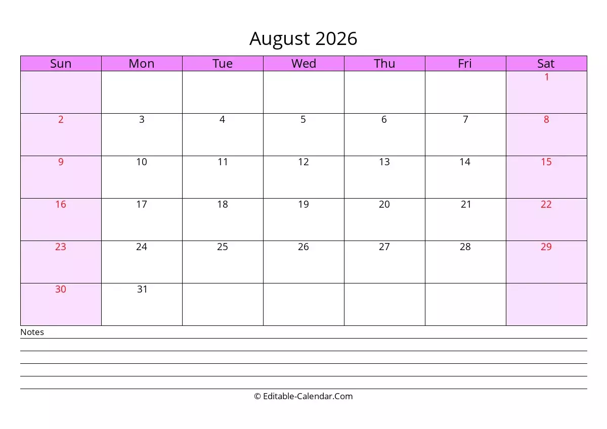 Blank Printable August 2026 Calendar