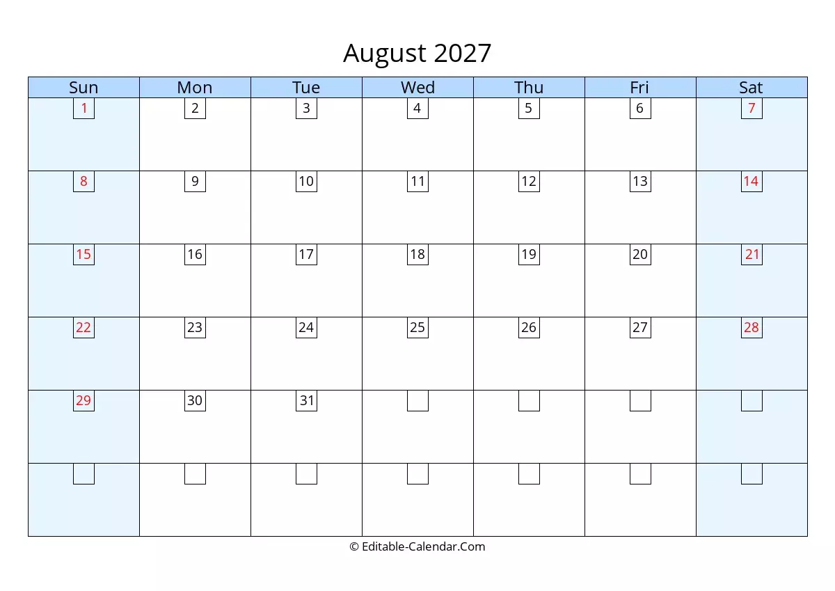 Editable Calendar August 2027 In Excel Word PDF