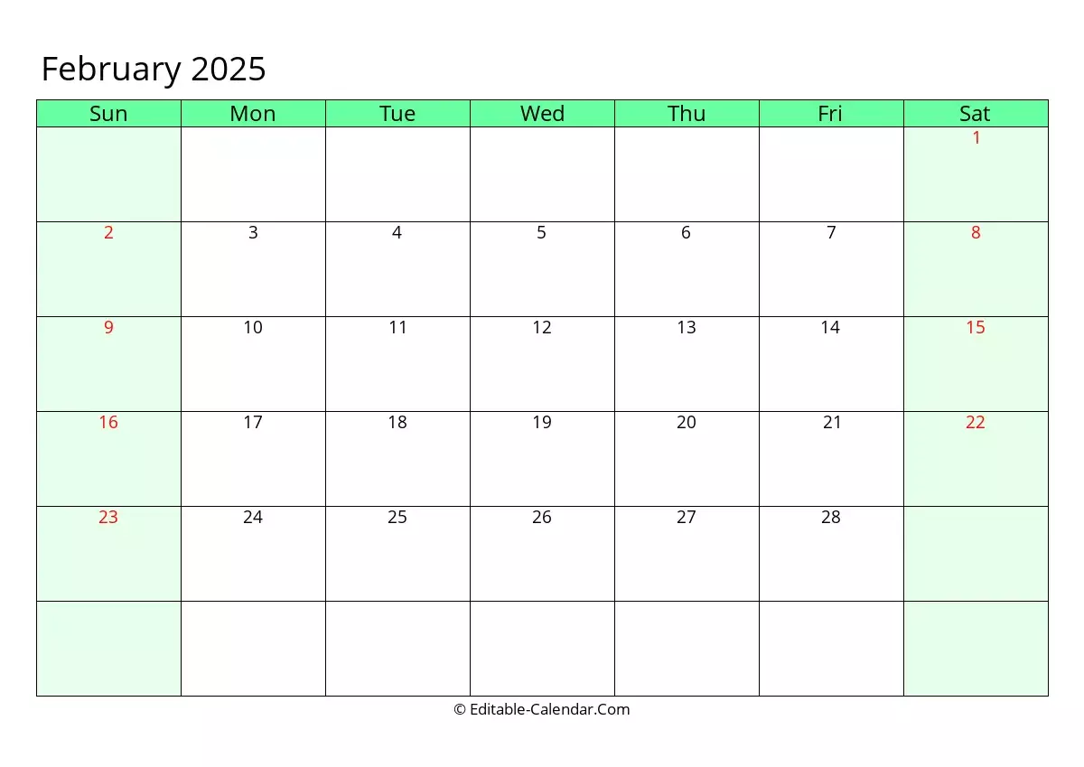 Editable Calendar February 2025 In Excel Word PDF