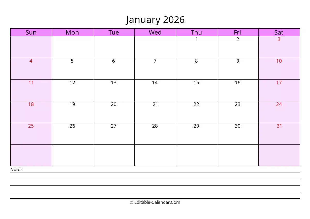 Editable Calendar January 2026 In Excel Word PDF