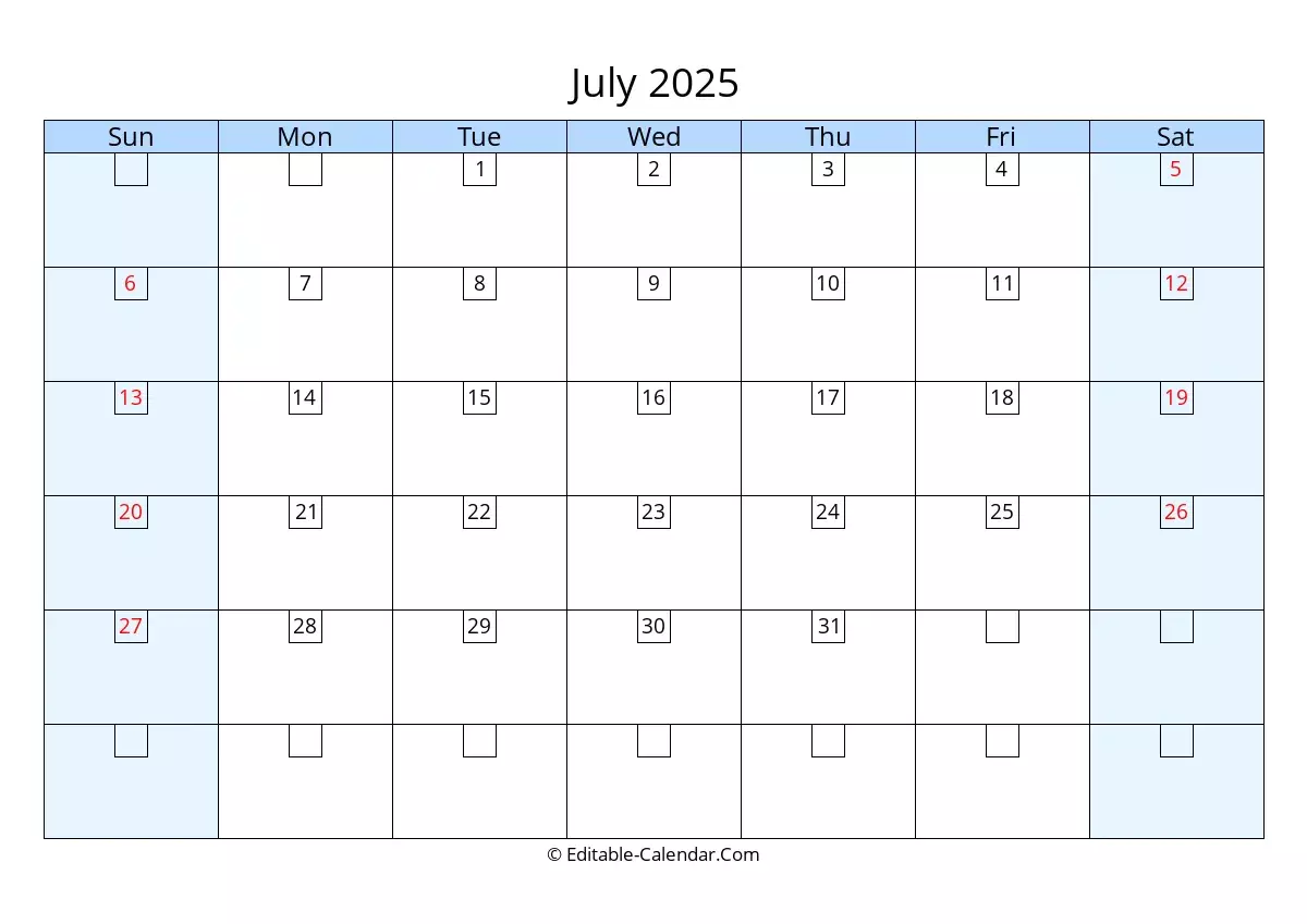 Editable Calendar July 2025 In Excel Word PDF