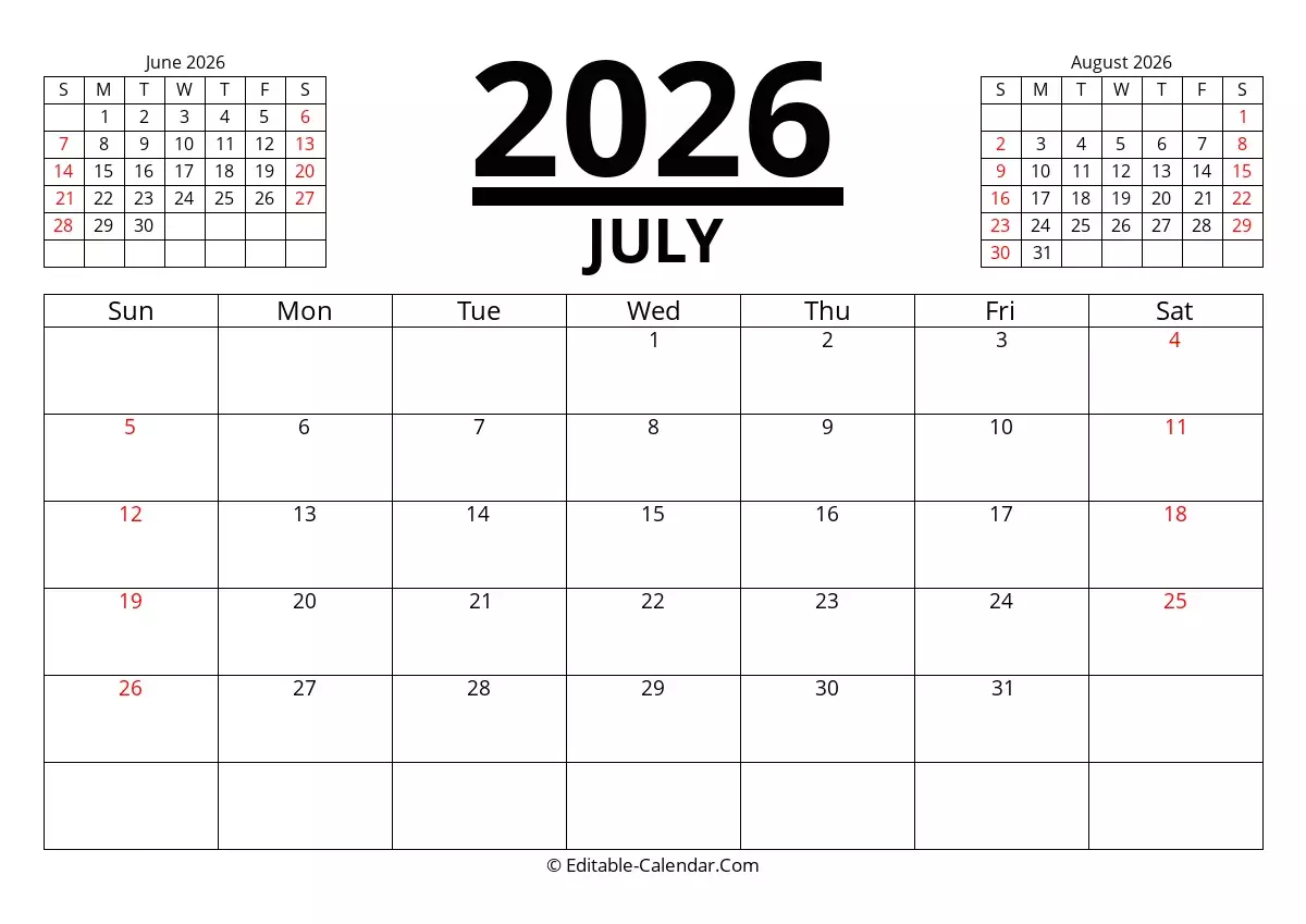 Editable Calendar July 2026 In Excel Word PDF