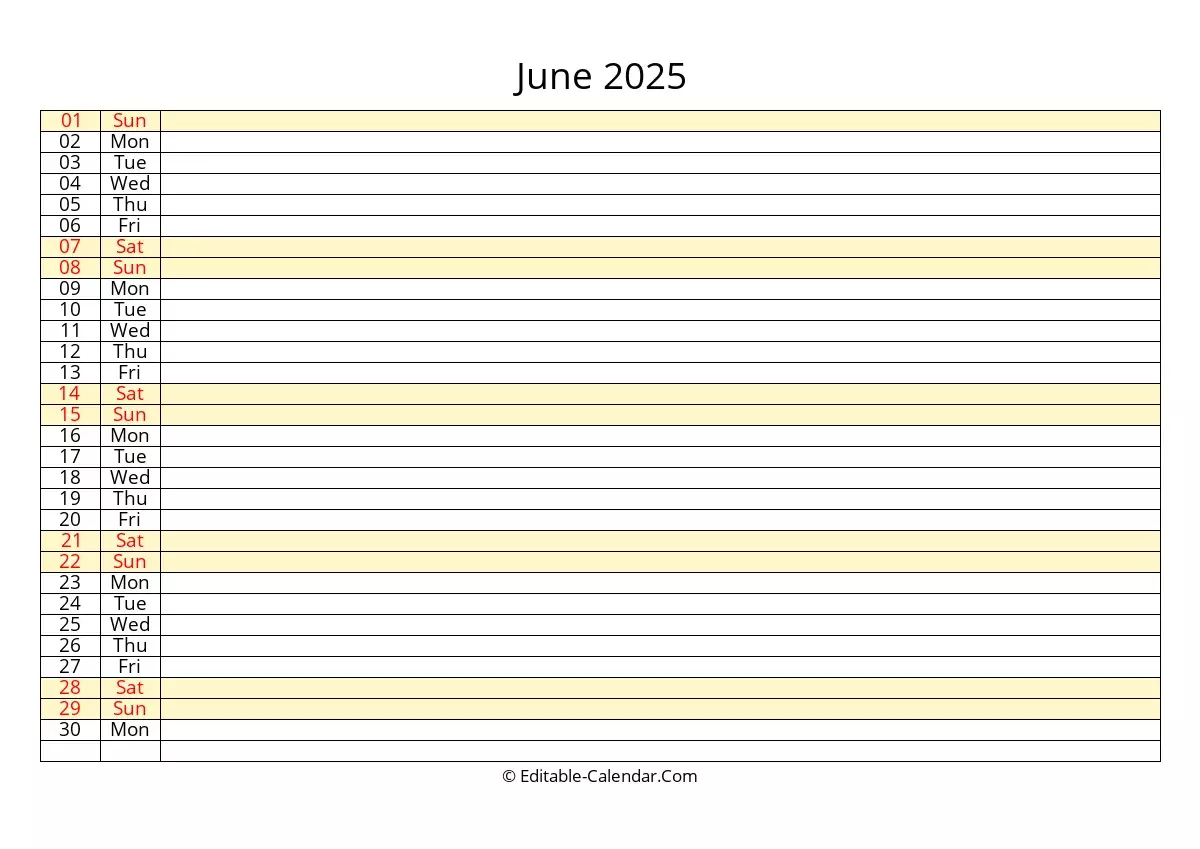 Editable Calendar June 2025 In Excel Word PDF