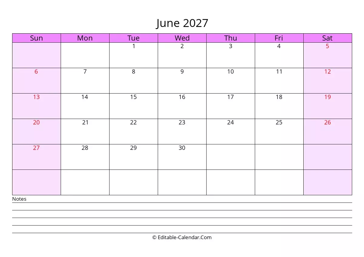 June And July Printable Calendar 2027