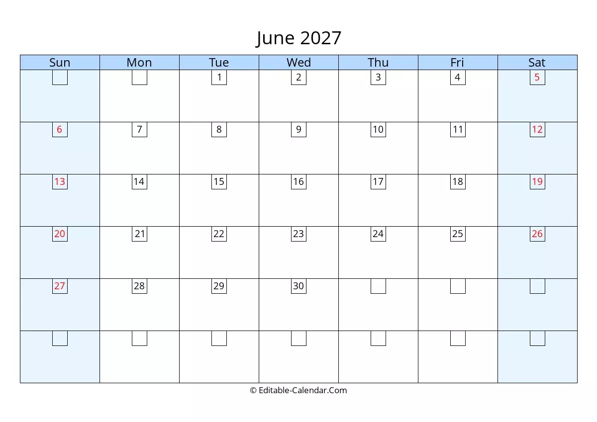 Editable Calendar June 2027 In Excel Word PDF