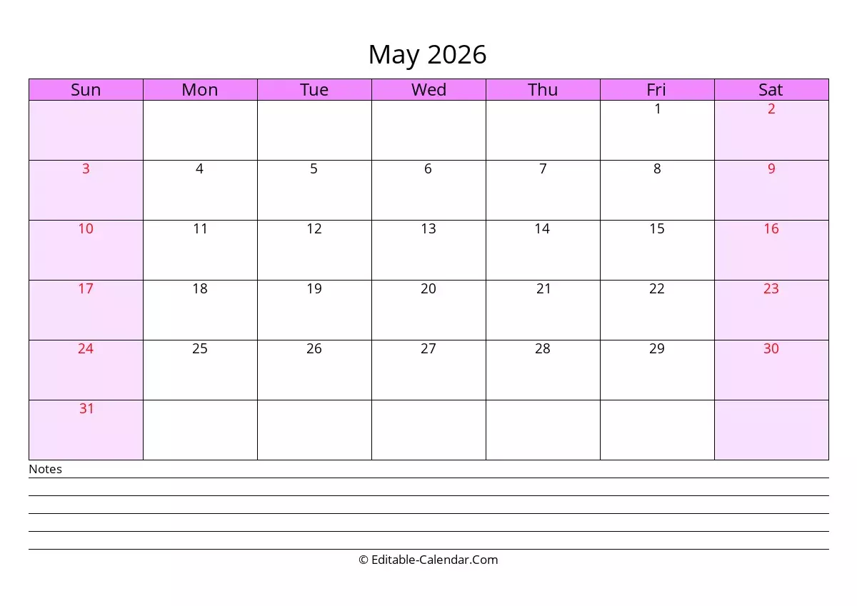 Editable Calendar May 2026 In Excel Word PDF