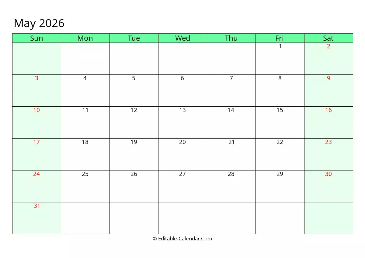 Editable Calendar May 2026 In Excel Word PDF