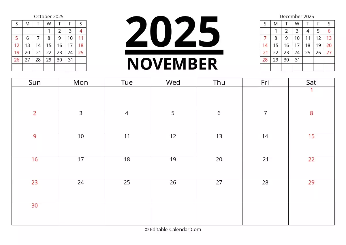 Editable Calendar November 2025 In Excel Word PDF