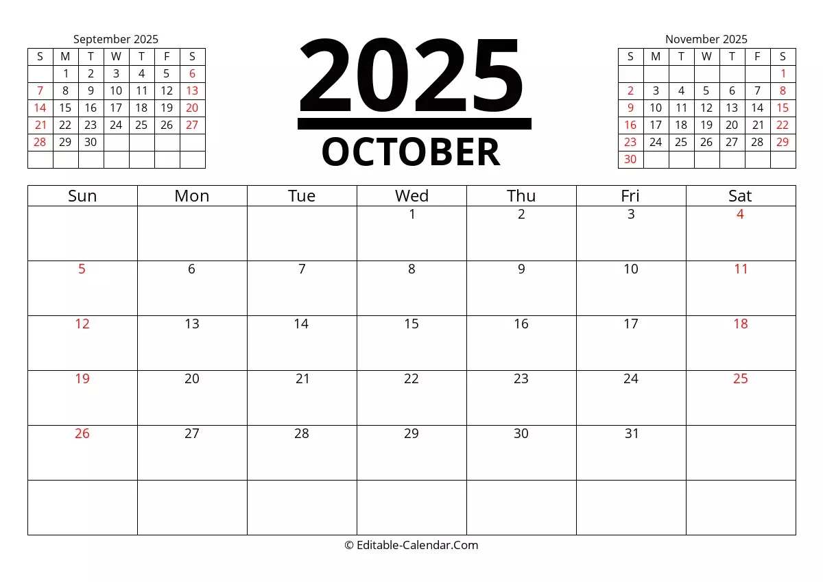 Editable Calendar October 2025 In Excel Word PDF