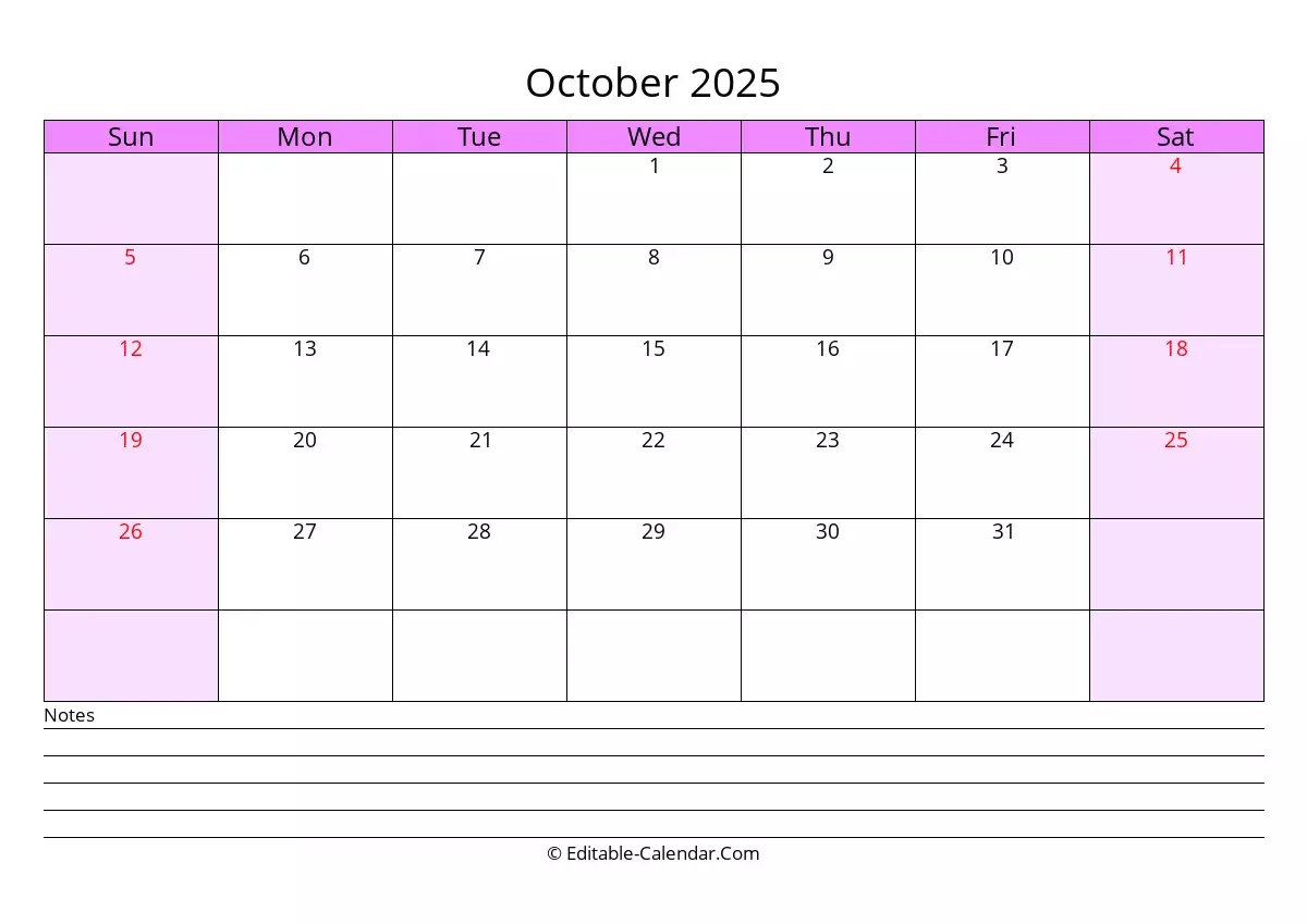 Editable Calendar October 2025 In Excel Word PDF
