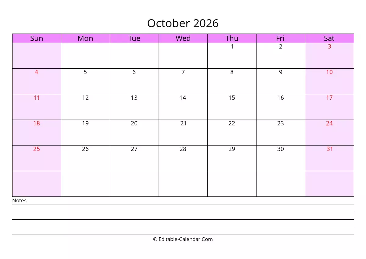 Editable Calendar October 2026 In Excel Word PDF