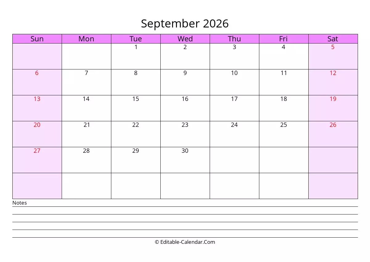 Editable Calendar September 2026 In Excel Word PDF