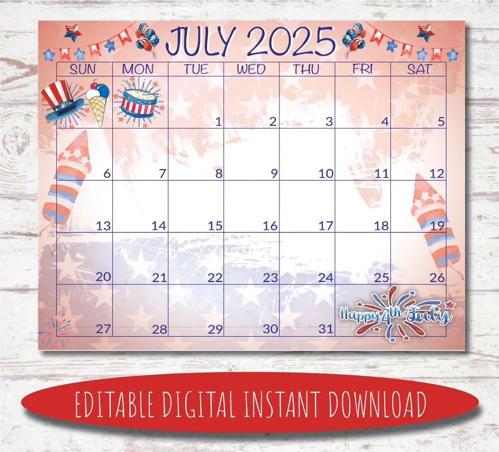 Editable July 2025 Calendar Digital Calendar Printable Calendar July Calendar Watercolor Calendar July 2025 Calendar Etsy