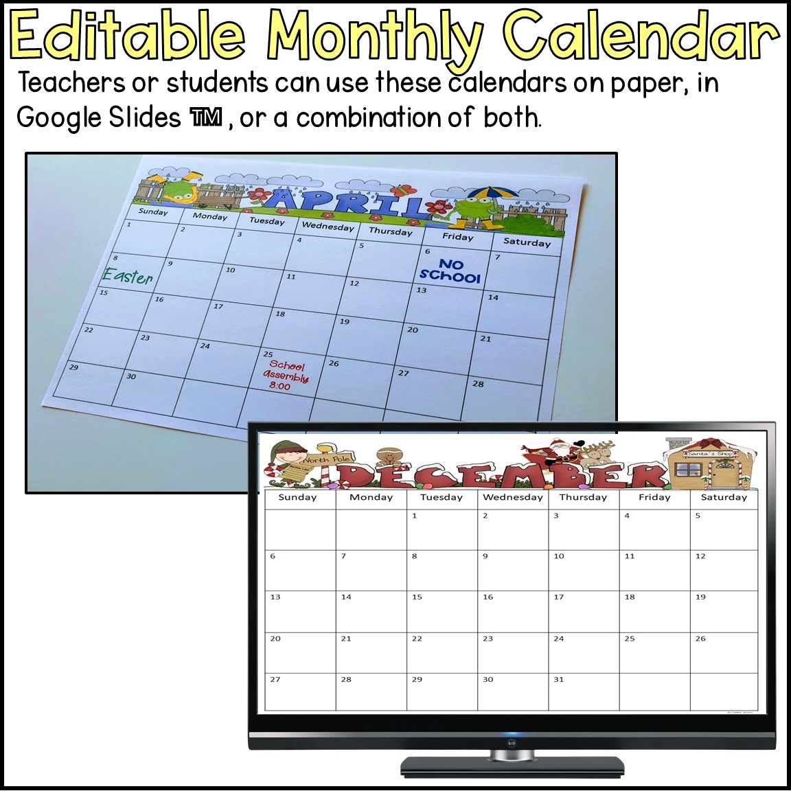 editable monthly calendar made by teachers