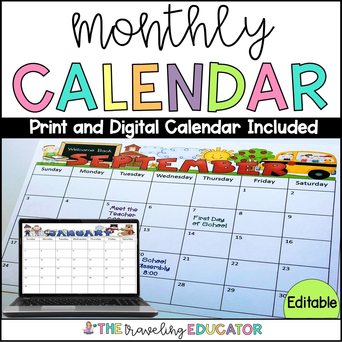 editable monthly calendar made by teachers