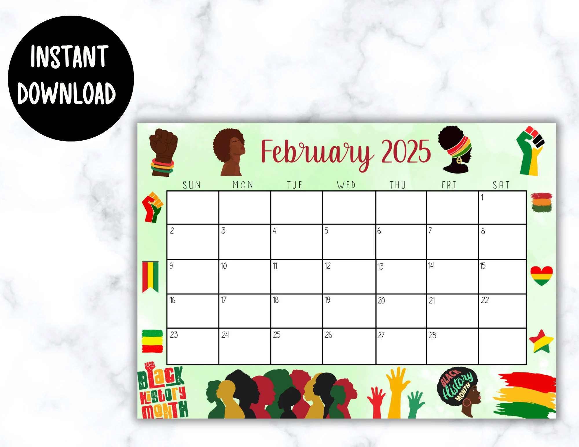 EDITABLE Printable February Calendar 2025 Black History Month Calendar Black History February Calendar Monthly Calendar Fillable Etsy UK