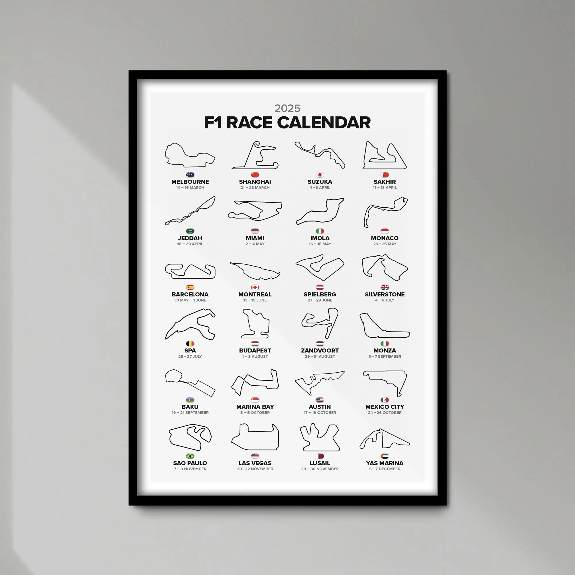 F1 2025 Wall Calendar Print Formula One Grand Prix Poster Birthday Christmas Gift For Motor Racing Fan Unframed Etsy