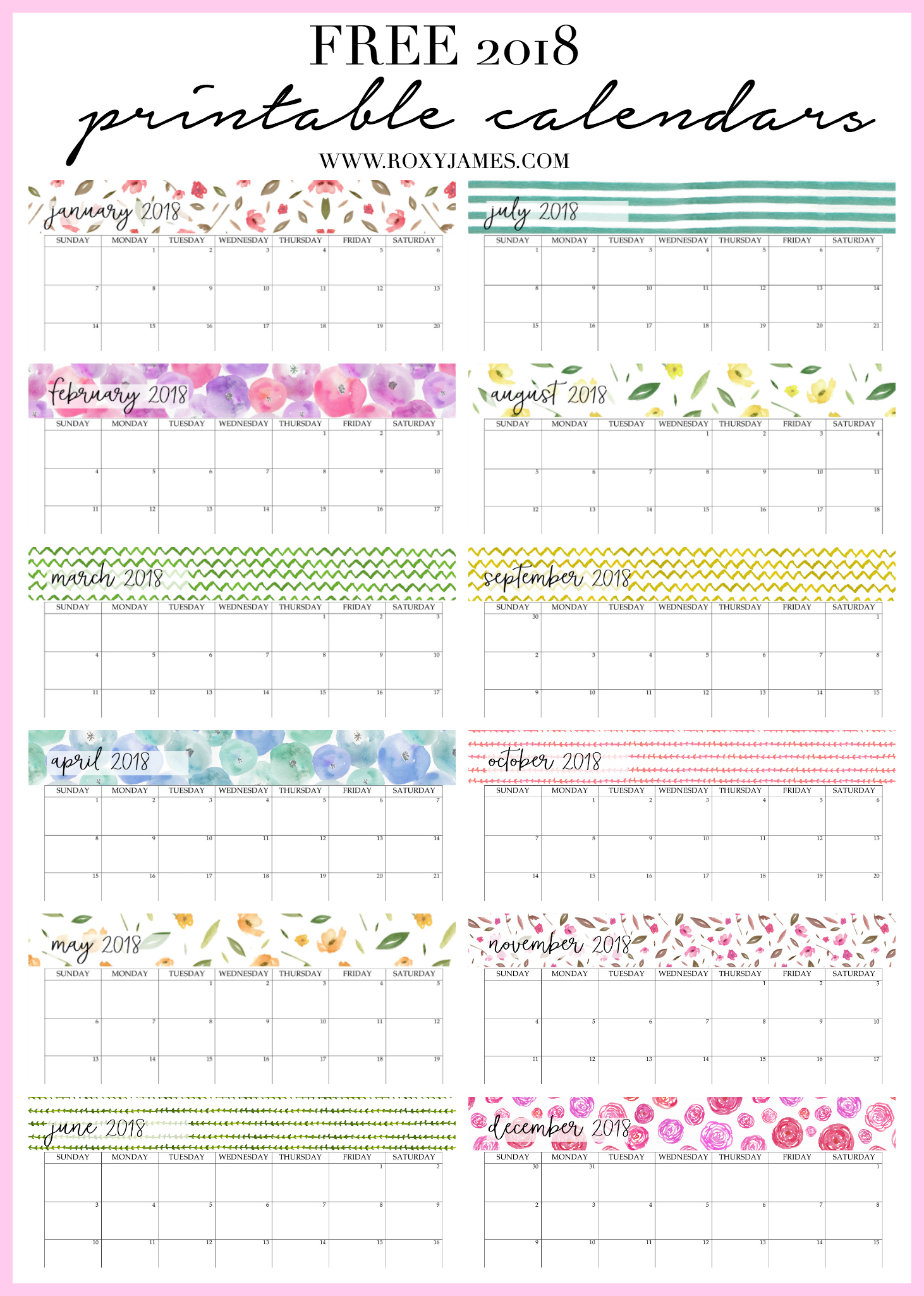 FREE 2018 Printable Calendars Bright Colourful Prints