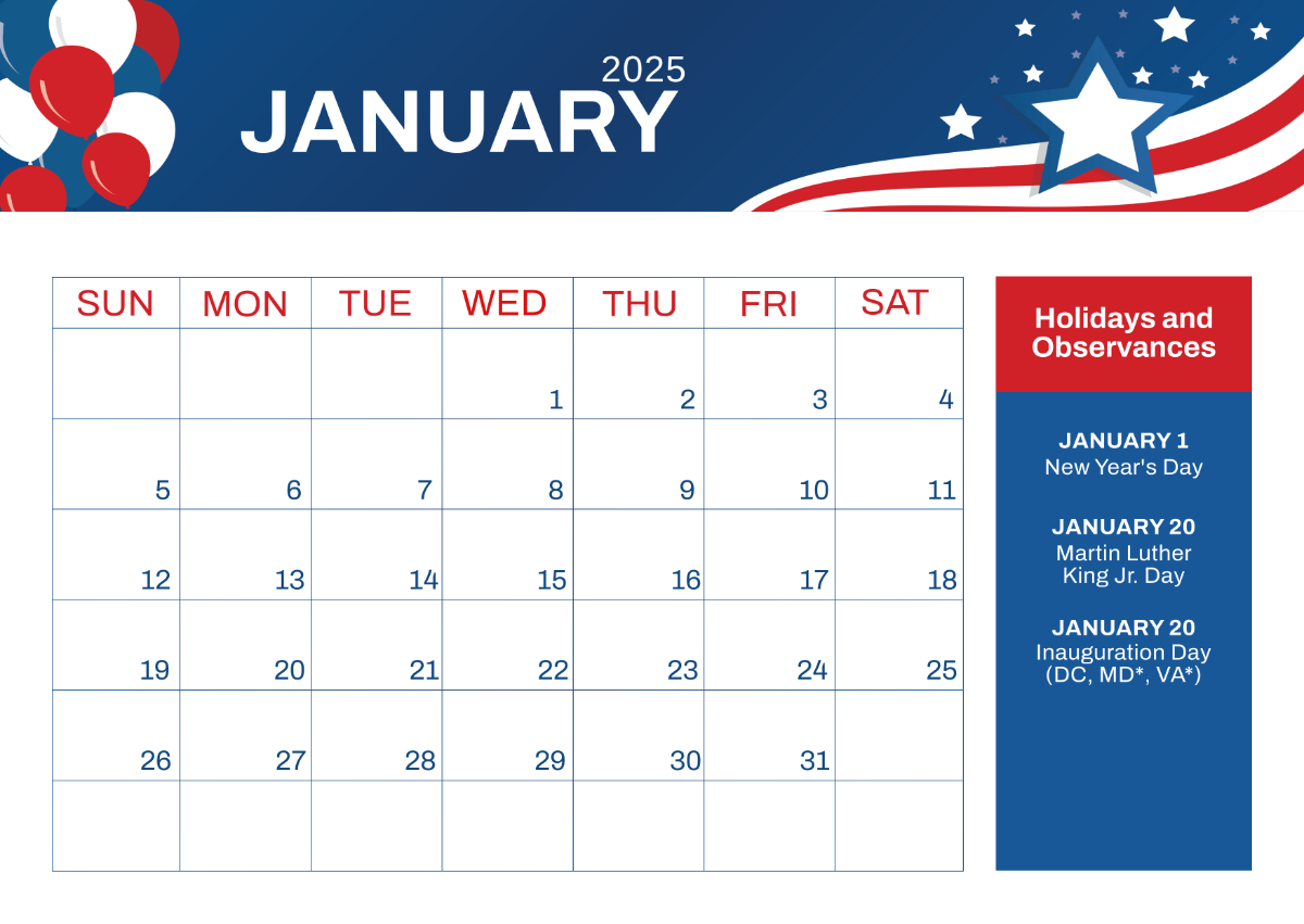 Printable Monthly Calendar 2025 United States