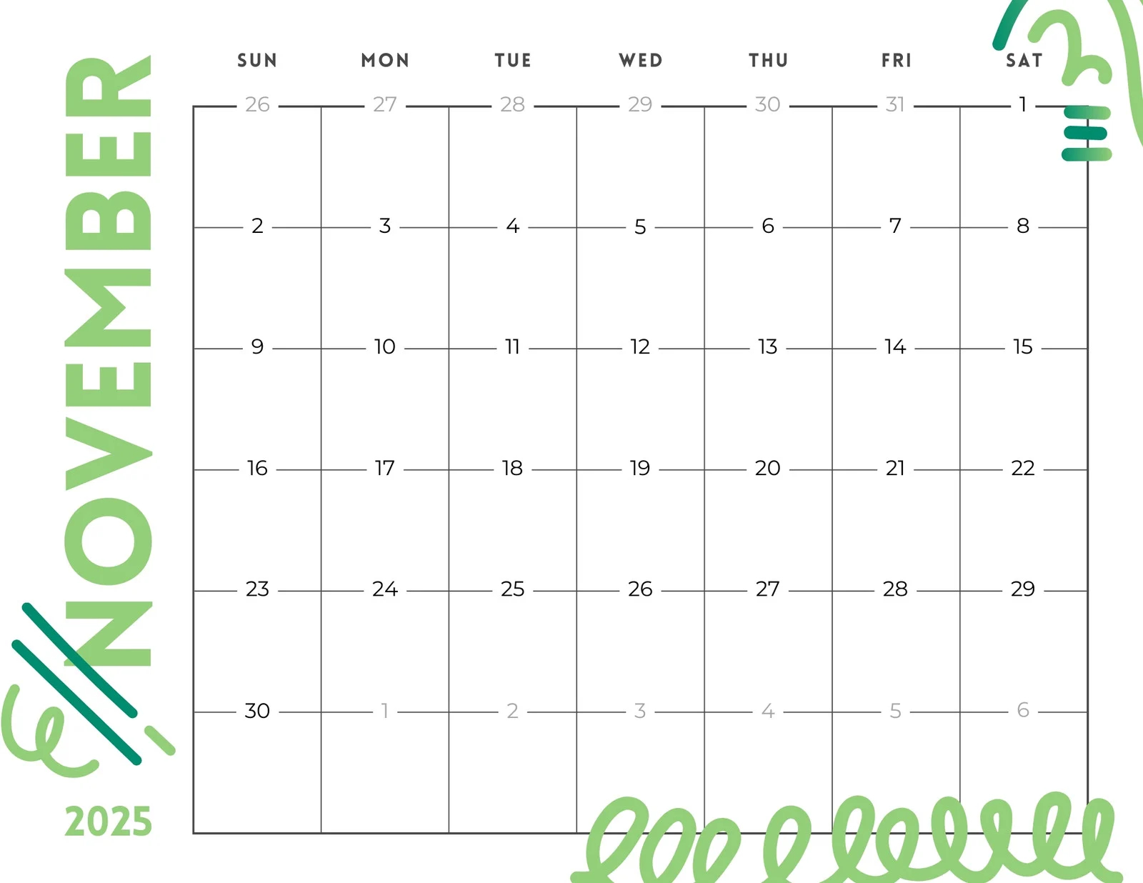 November Calendar 2025 Printable Kids
