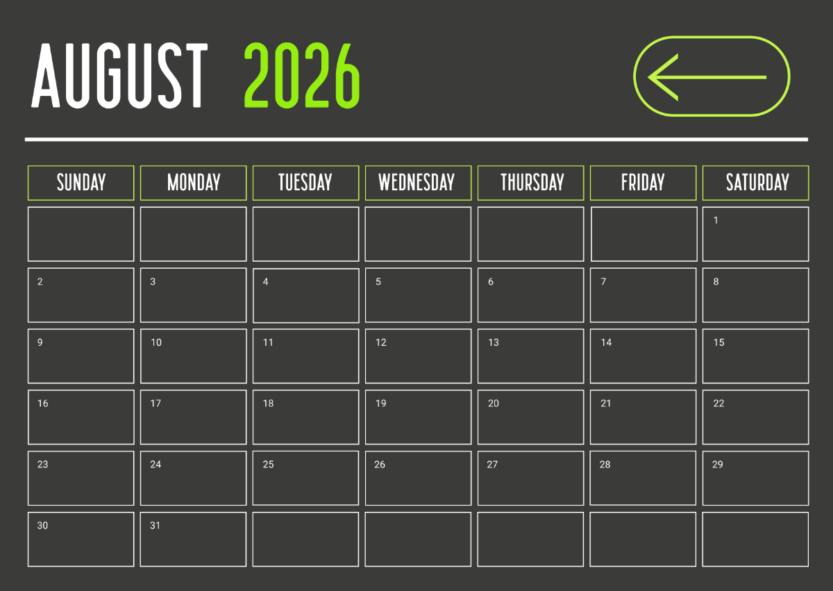 Free August 2026 Calendar Clipart Template To Edit Online