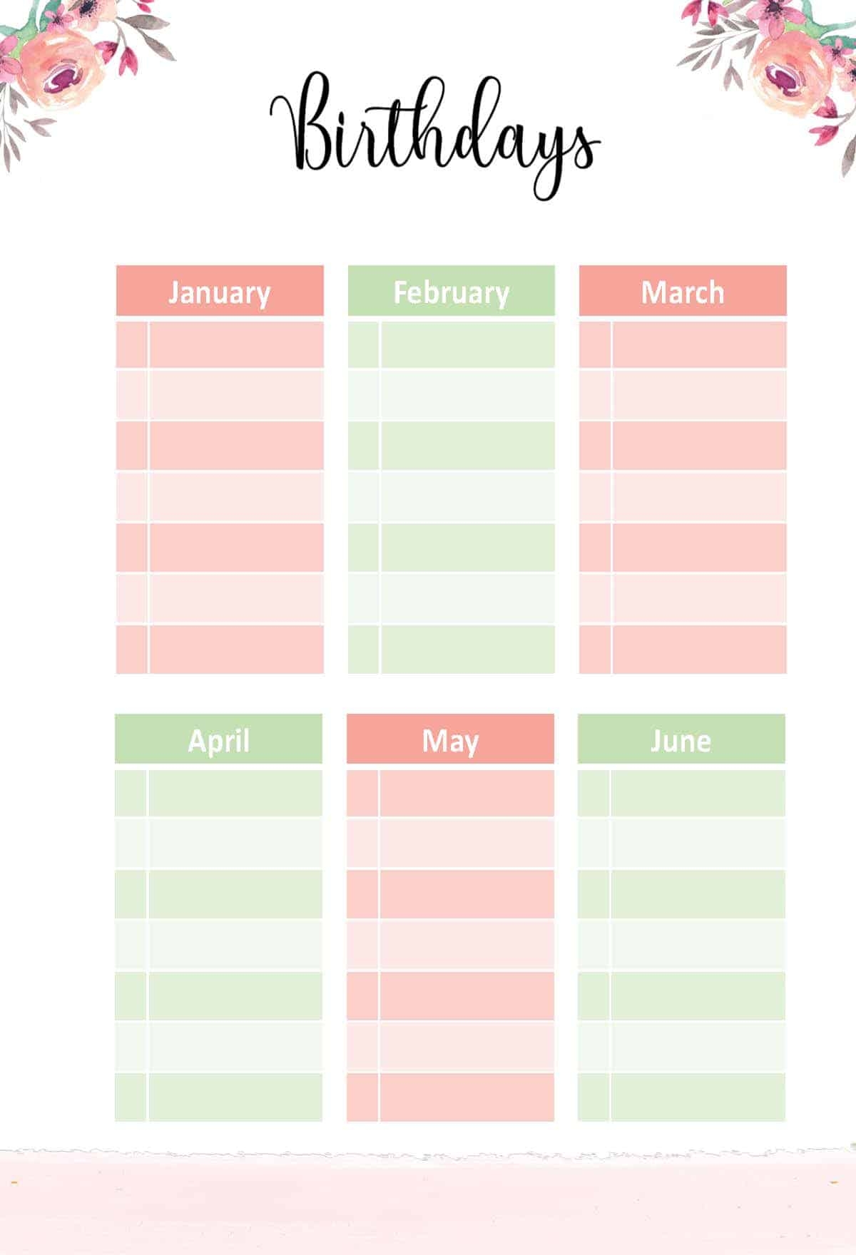 Yearly Birthday Calendar Free Printable