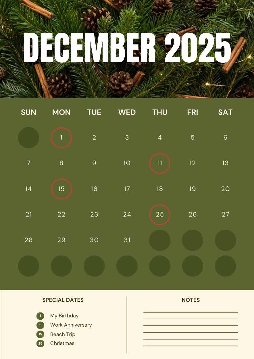 Free Printable Calendar December 2025 Christmas