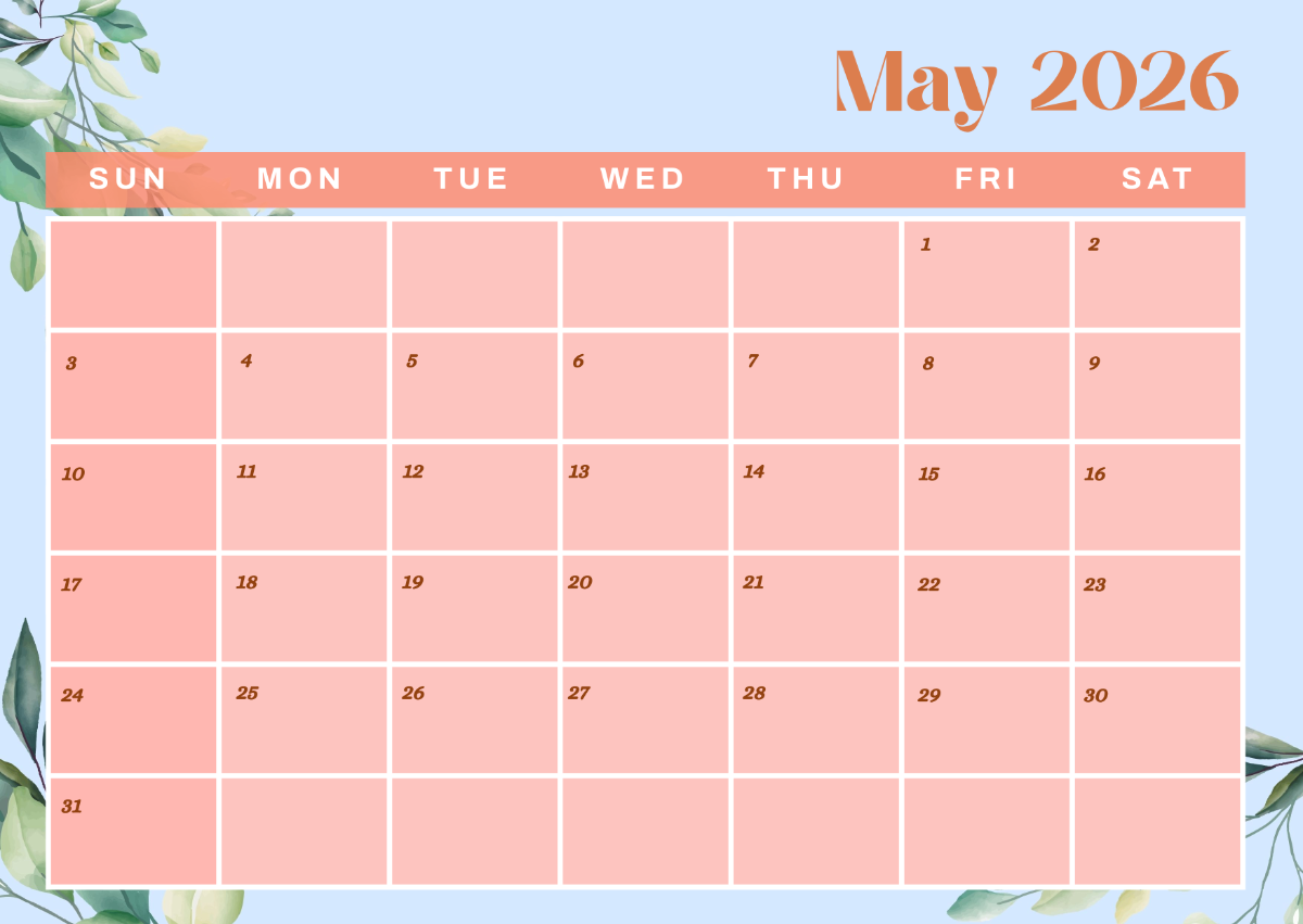 Blank May 2026 Calendar Printable