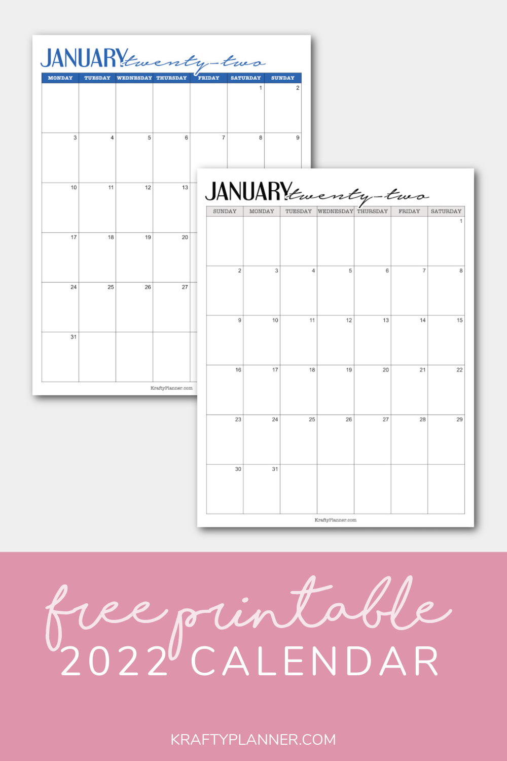 Free Printable 2022 Calendar Krafty Planner