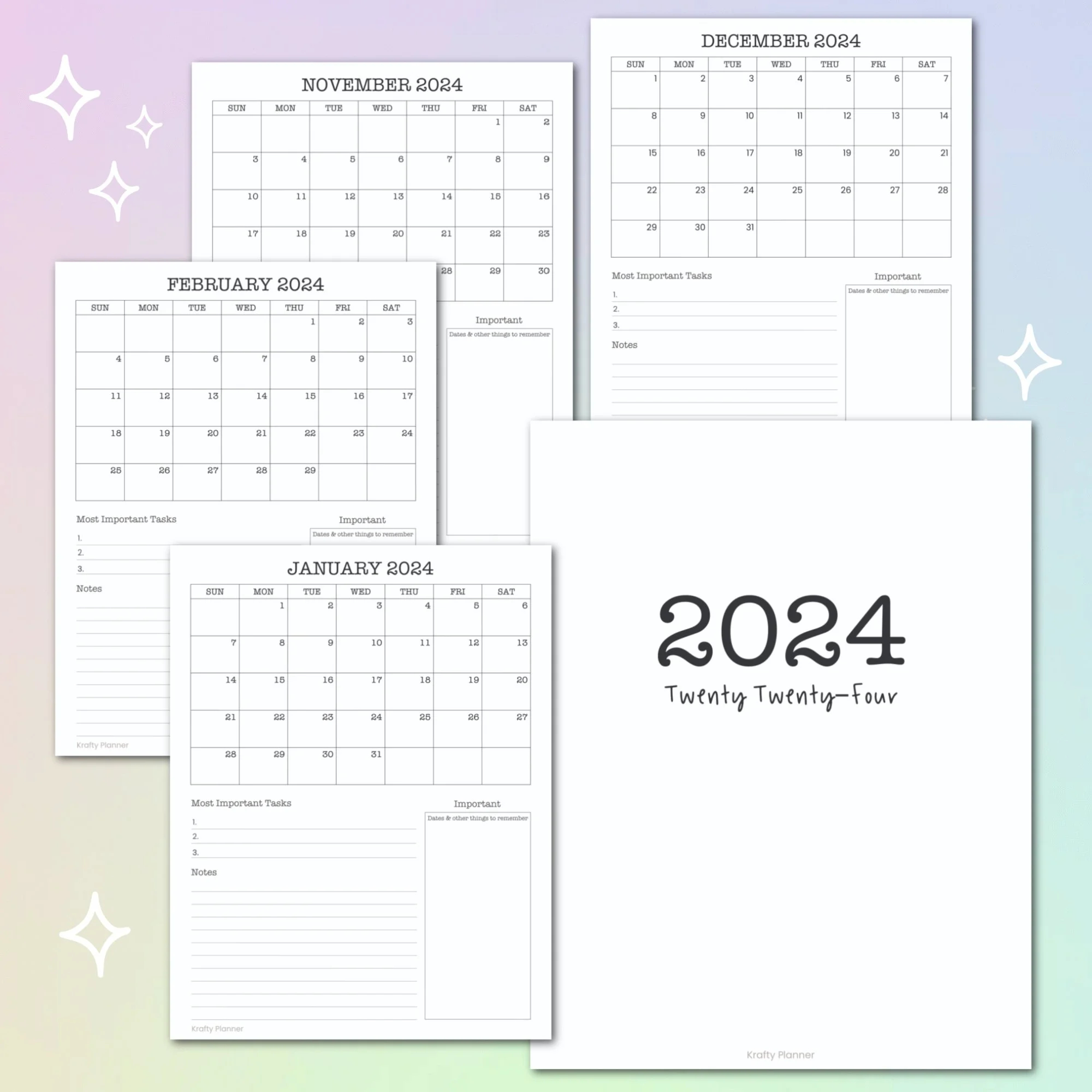 Free Printable 2024 Calendar With Notes And Task List Krafty Planner