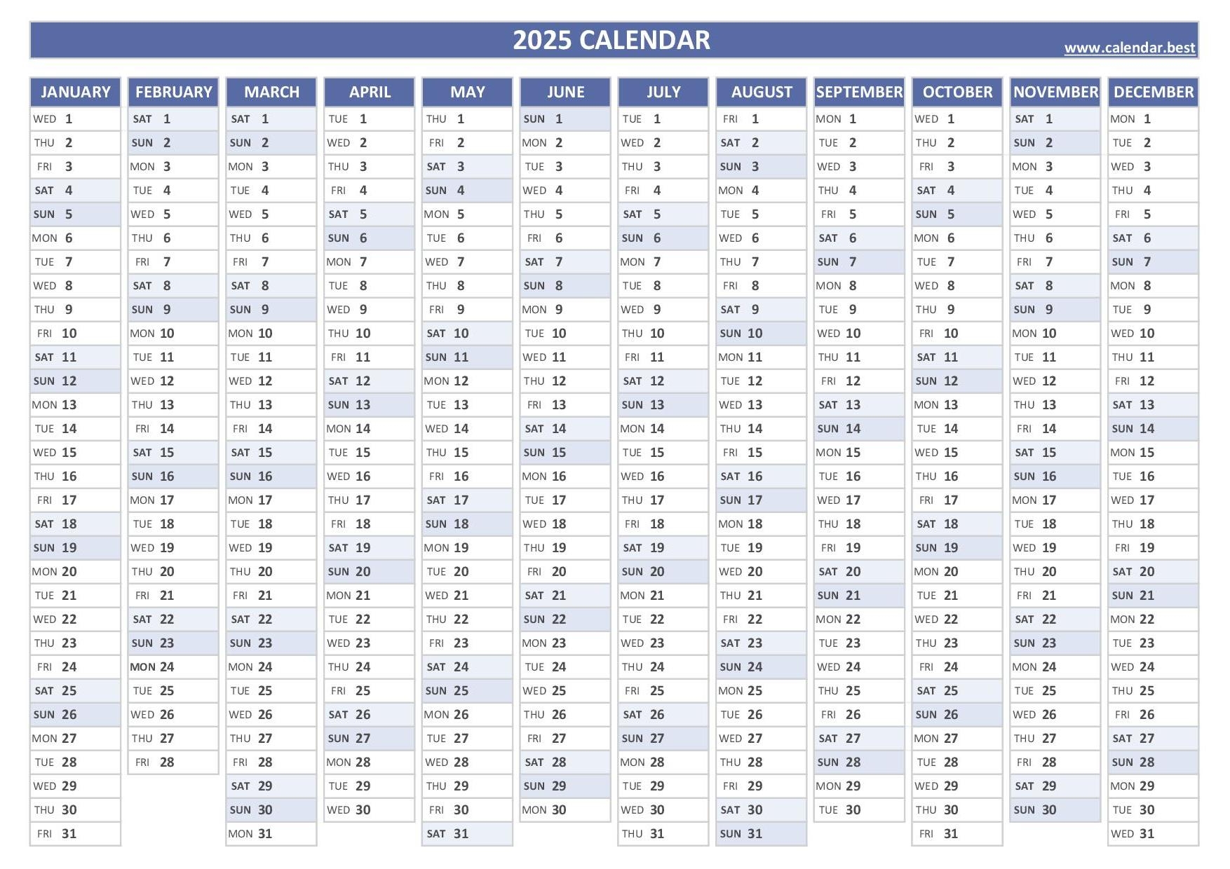 Calendar 2025 Yearly Printable