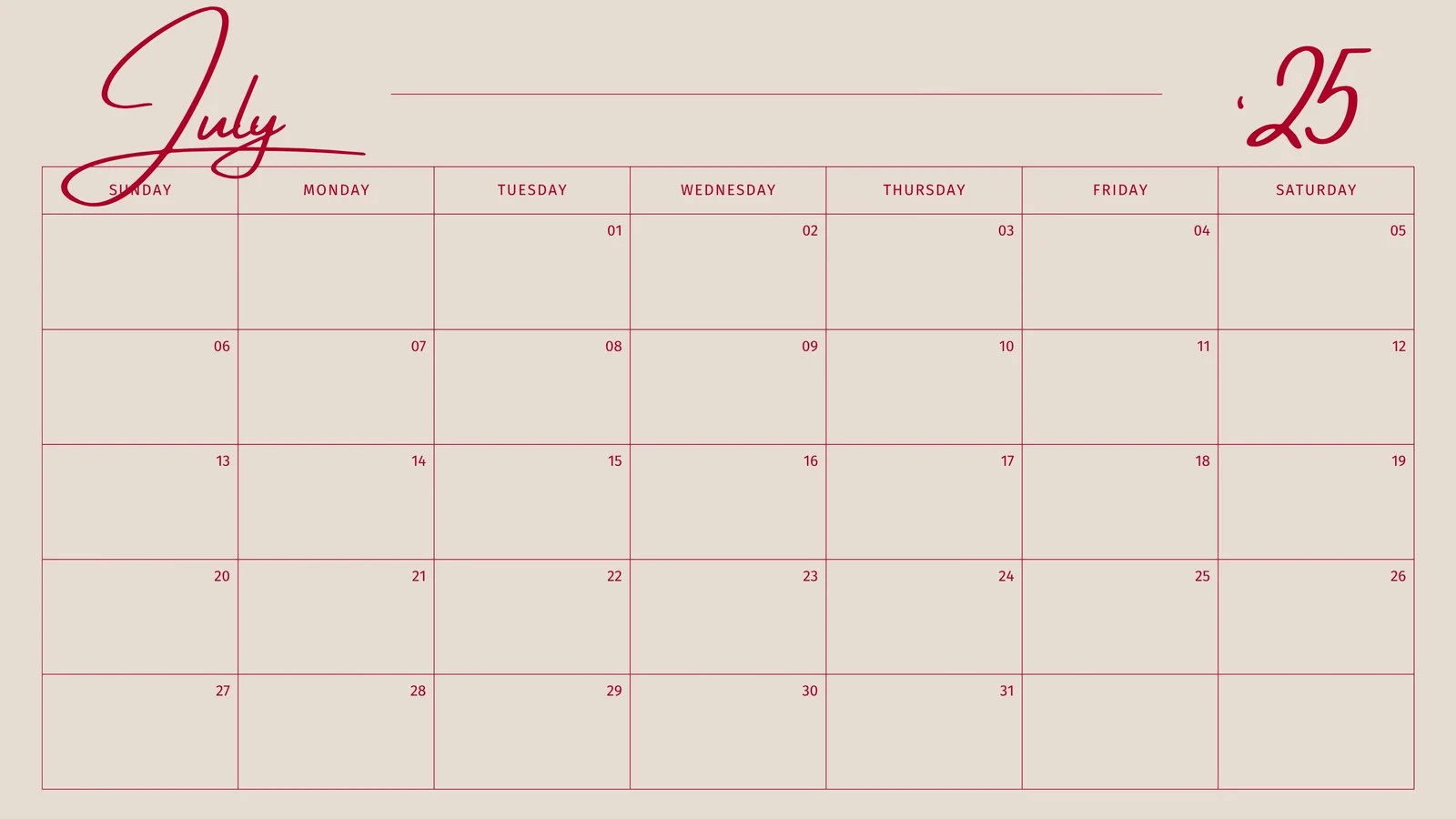 Free Printable Custom July 2025 Calendar Templates Canva