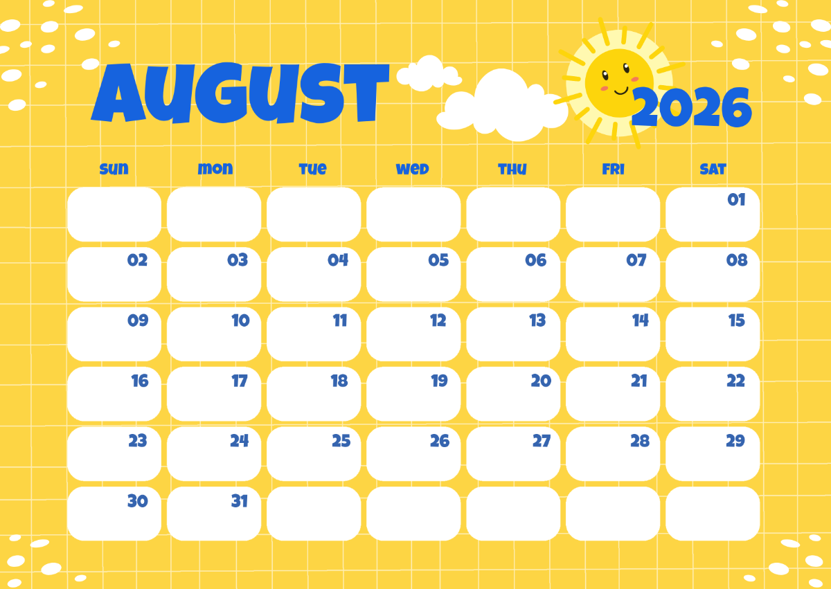 Free Yellow Cartoon August 2026 Calendar Template To Edit Online