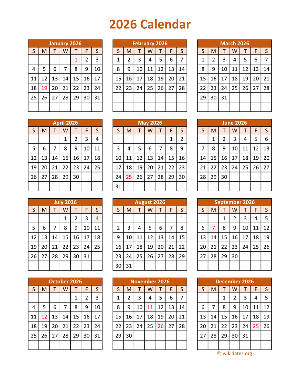 2026 Yearly Calendar Printable
