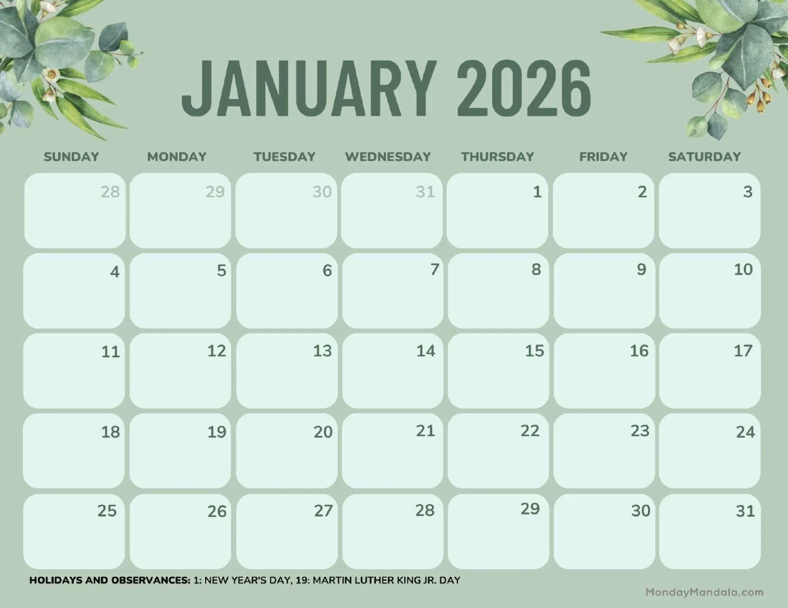 January 2026 Calendar Printable Word