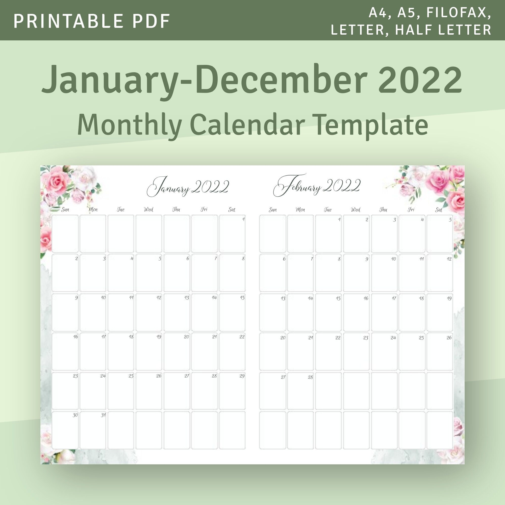 January December 2024 2025 Two Months On Page Calendar Printable Monthly Calendar Template Etsy
