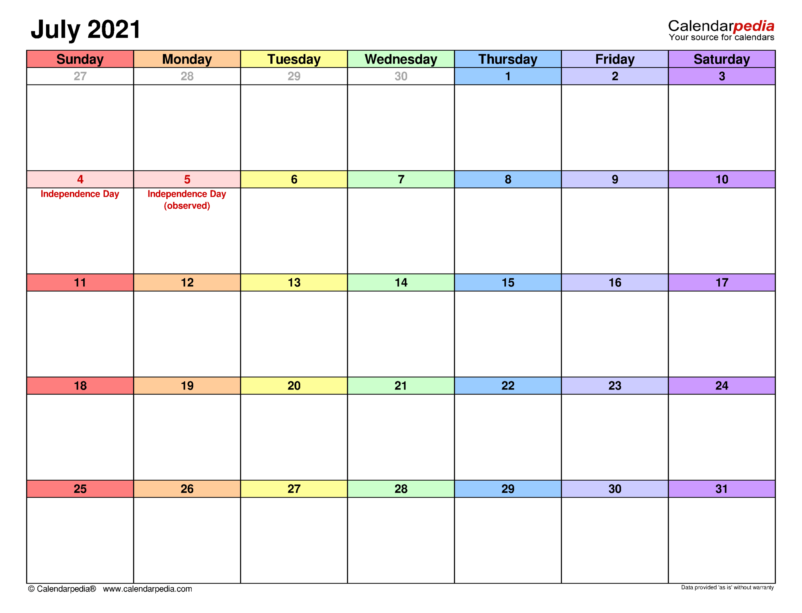 July 2021 Calendar Templates For PDF Excel And Word