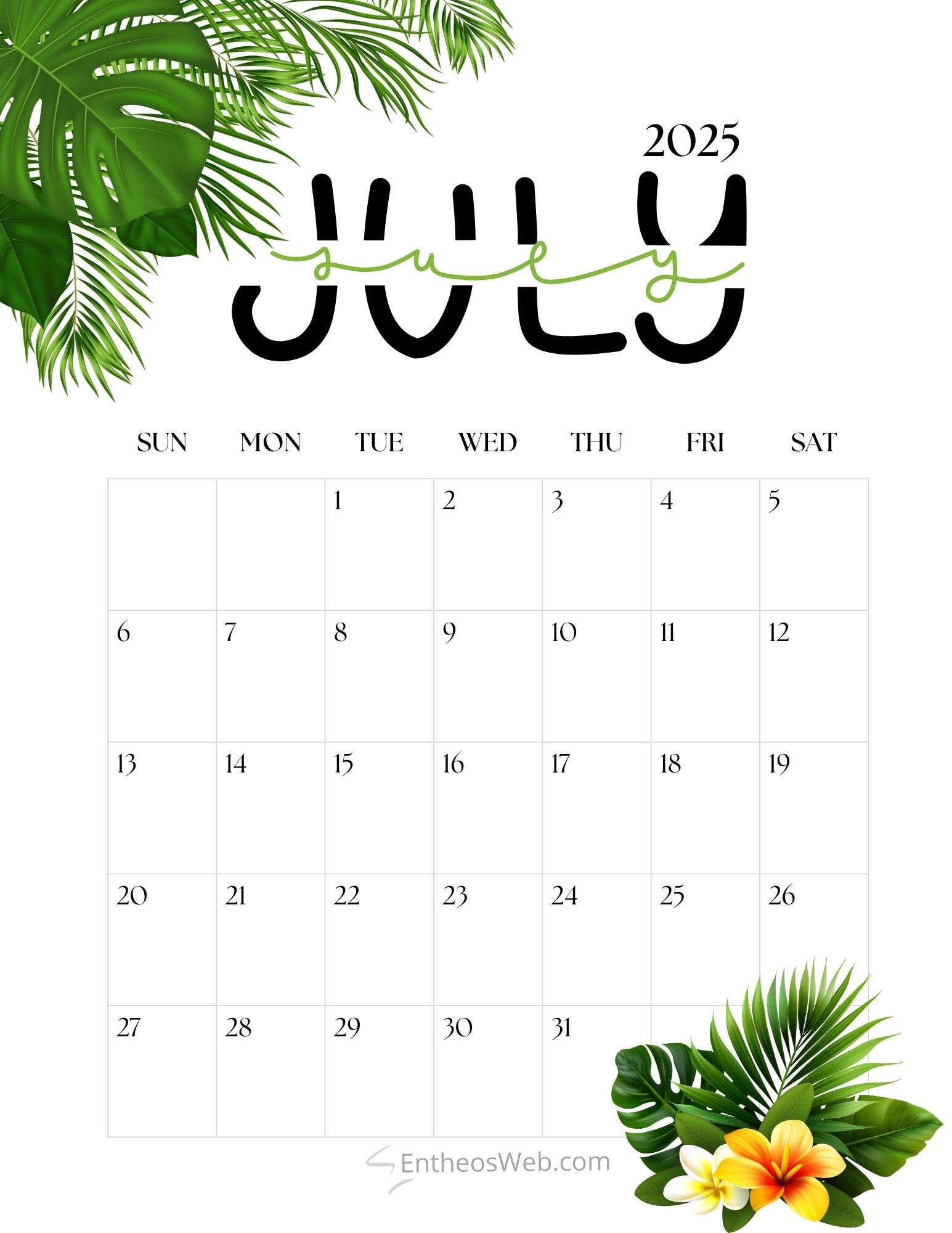 Cute July 2025 Calendar Printable