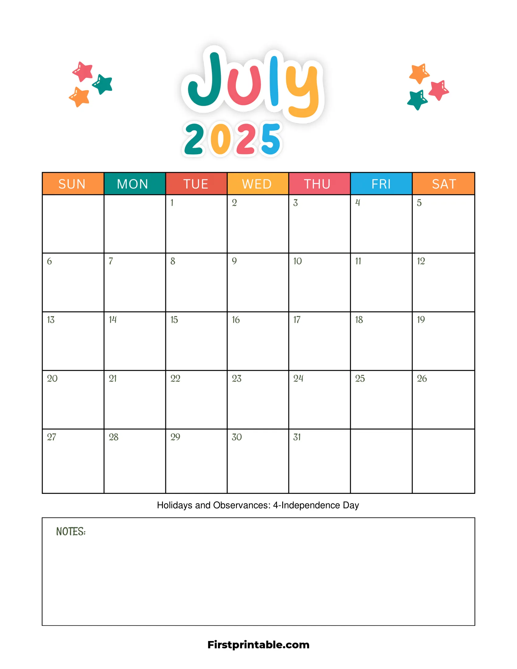 July 2025 Calendars Free Printable Fillable