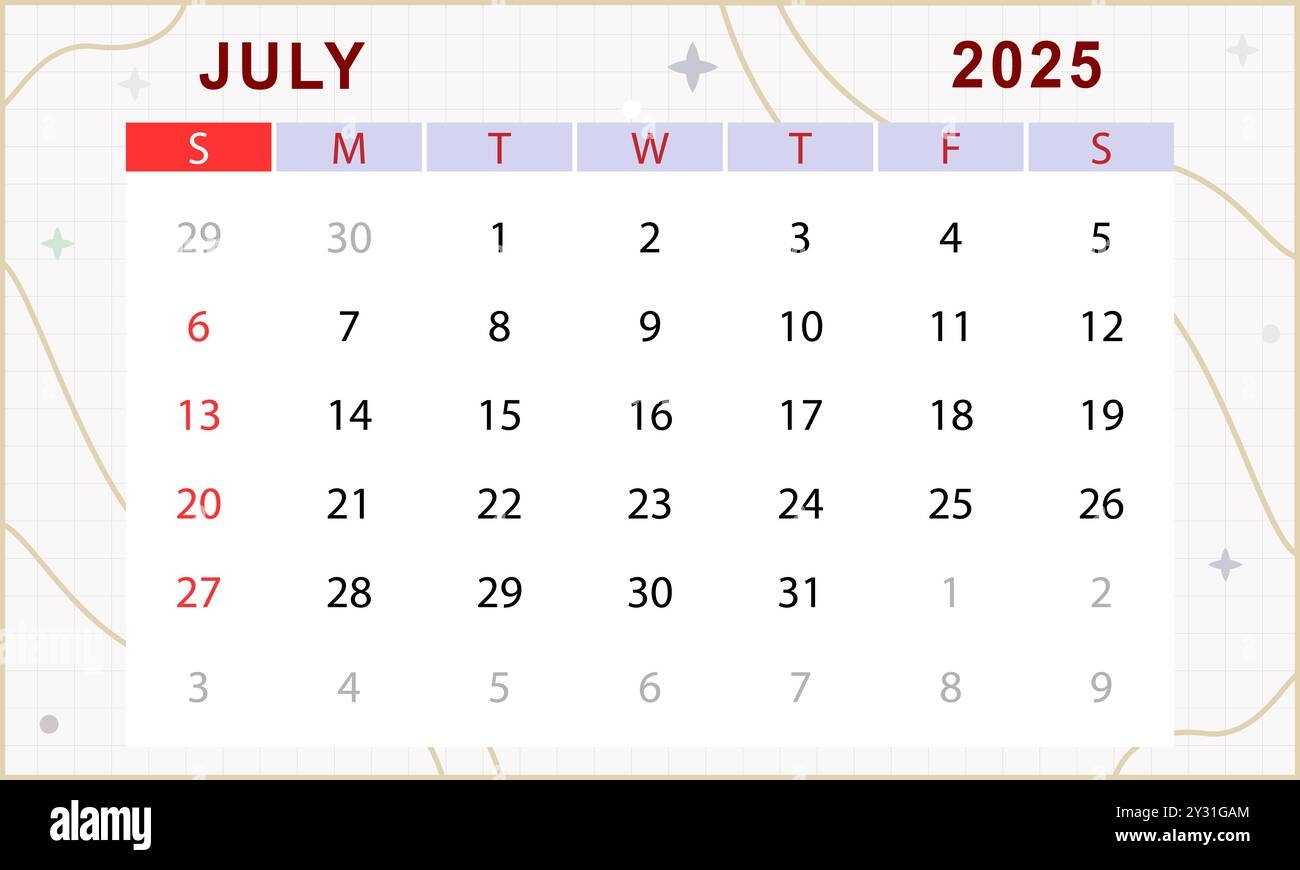 July 2025 Monthly Calendar Cute Calendar Template Sunday Start Vector Design Stock Vector Image Art Alamy
