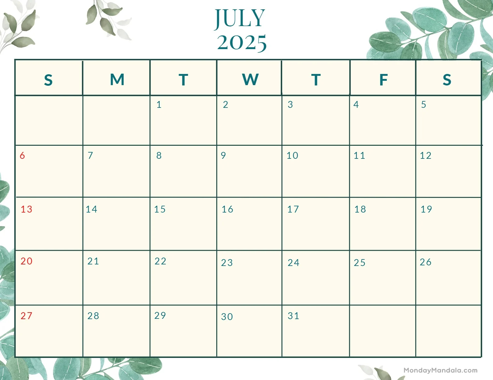 July 2025 Printable Calendar 52 Free PDF Printables 
