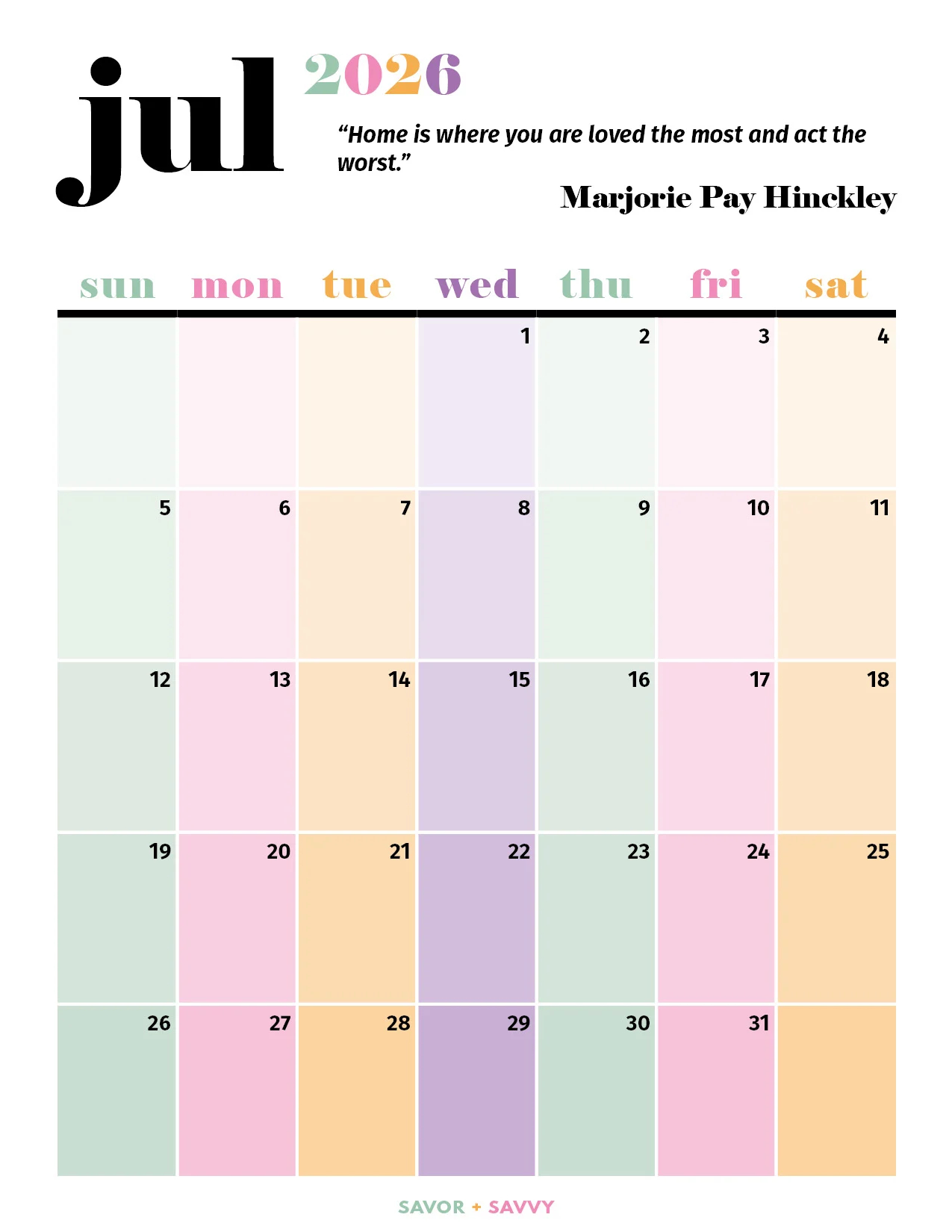 Printable Calendar 2026 July