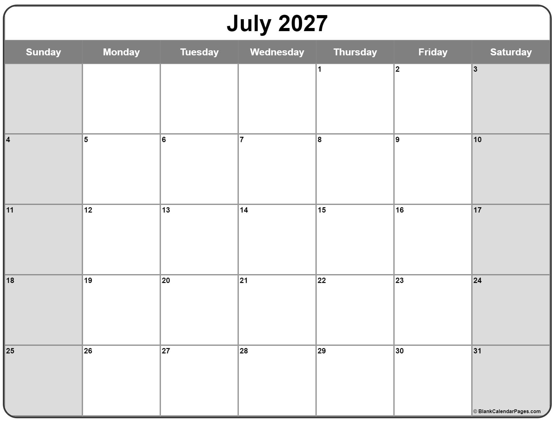 July 2027 Calendar Free Printable Calendars