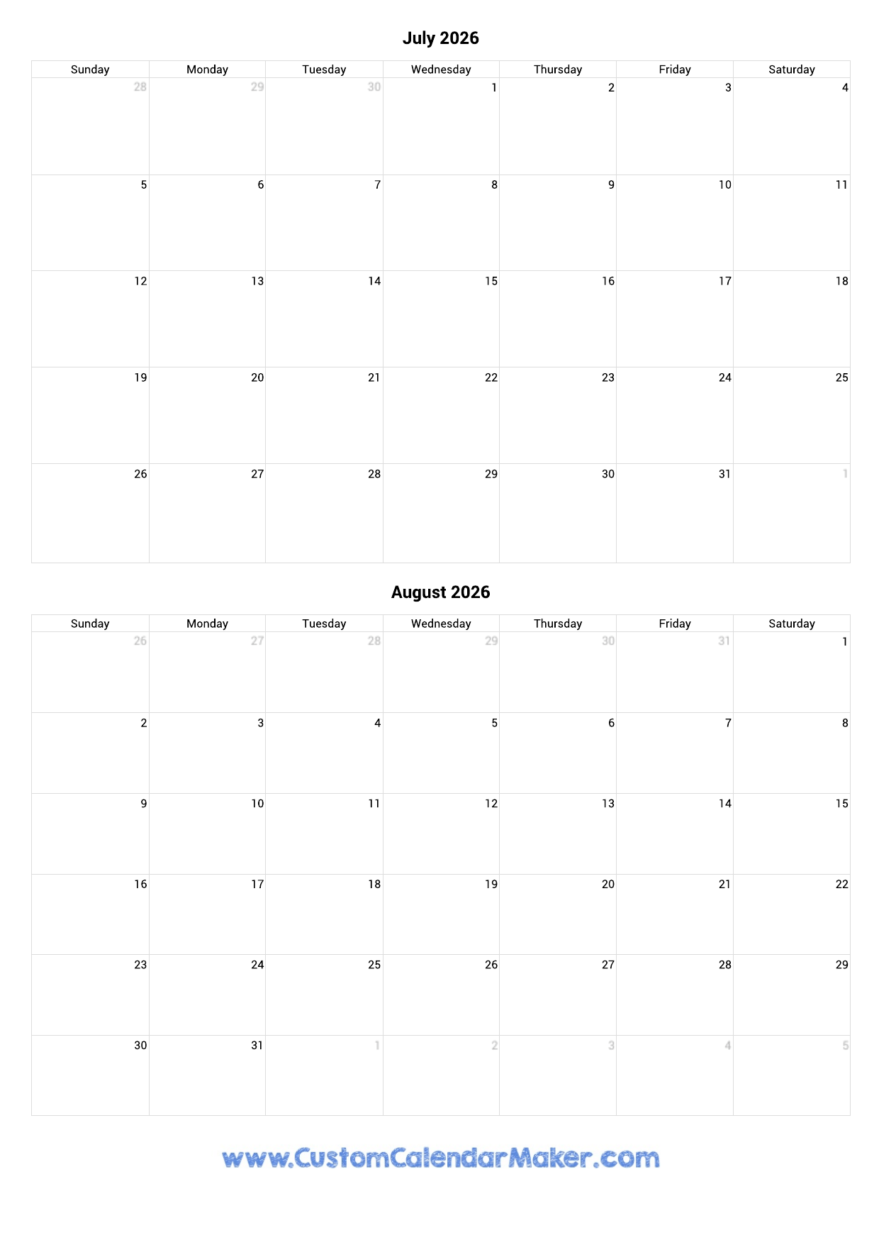 July And August 2026 Printable Calendar