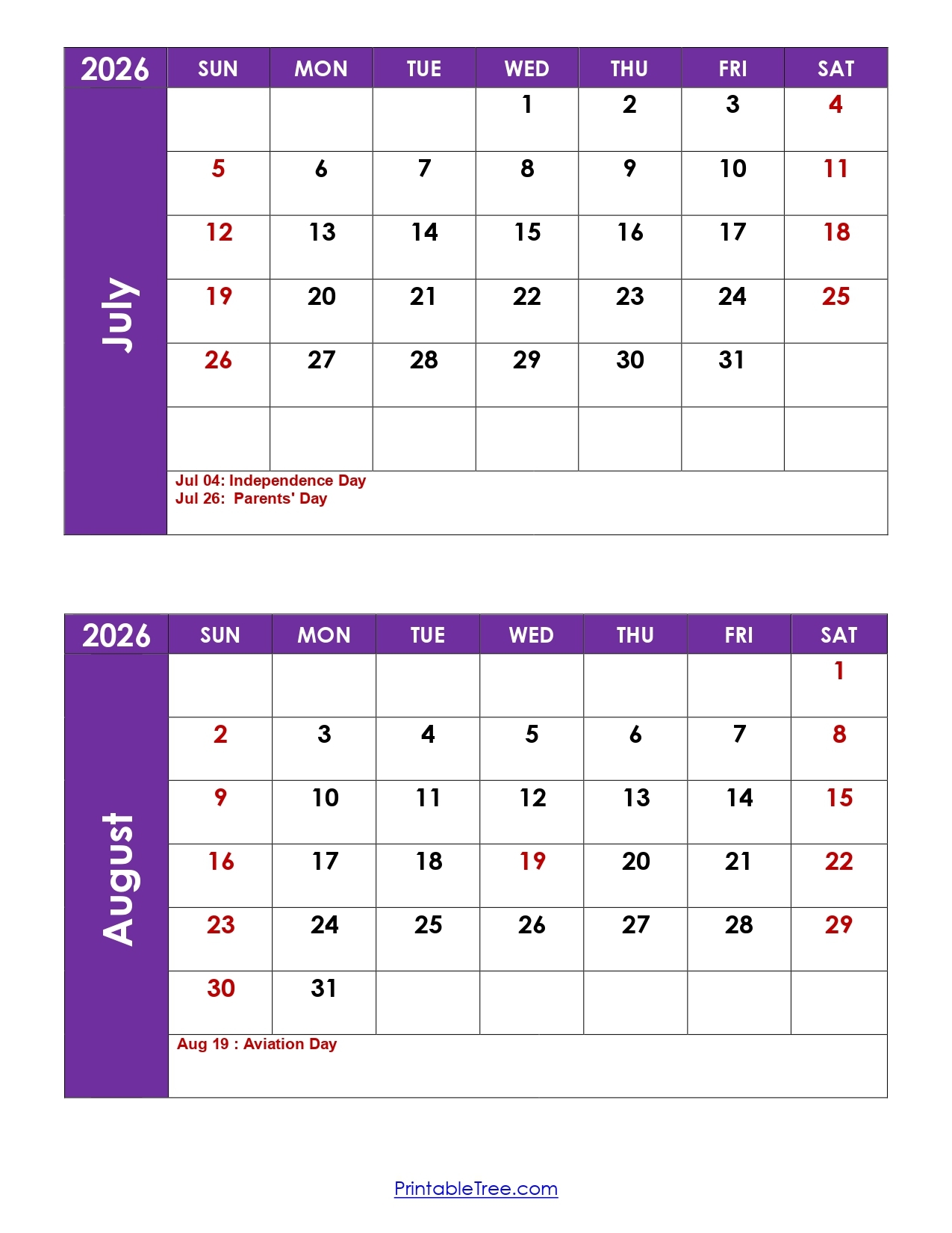 Printable 2026 Calendar June July August