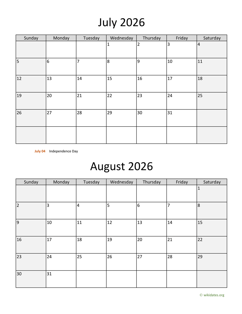 july and august 2026 calendar wikidates