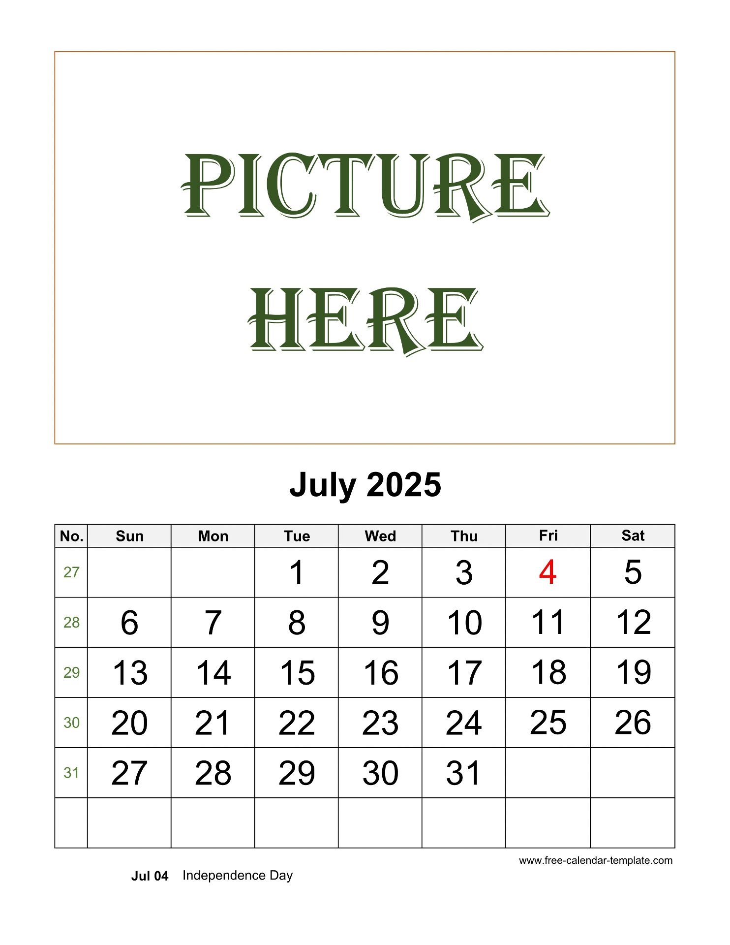 July Printable 2025 Calendar Space For Add Picture vertical Free Calendar template