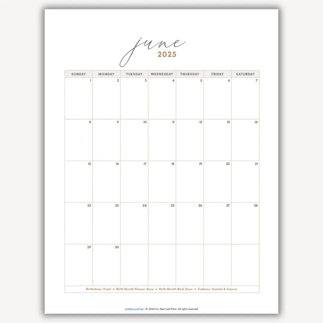 June 2025 Calendar Printable Download June 2025 Printable PDF June Calendar 2025 Portrait Blank Minimalist Wall Calendar June Month 2025 Etsy