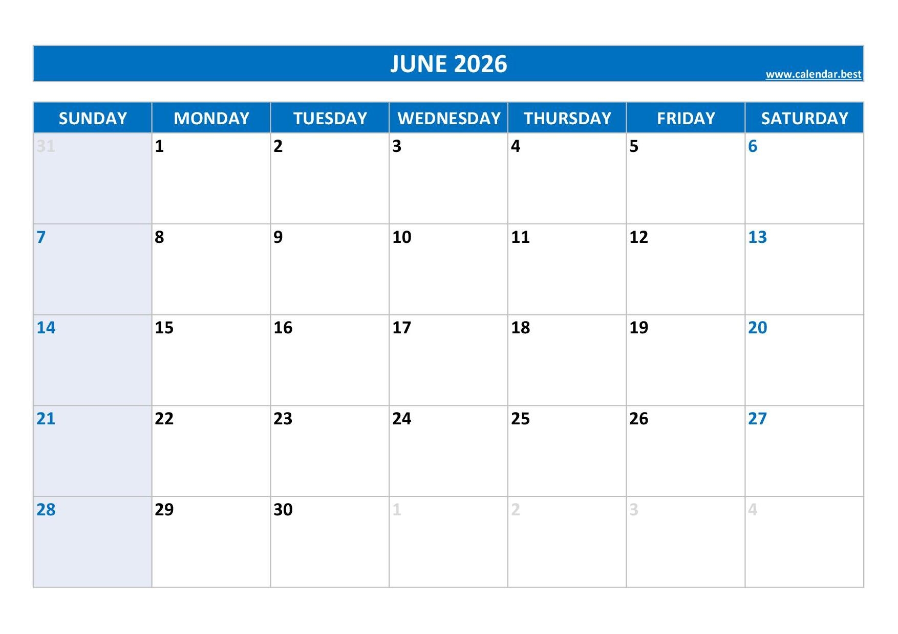 June July 2026 Printable Calendar