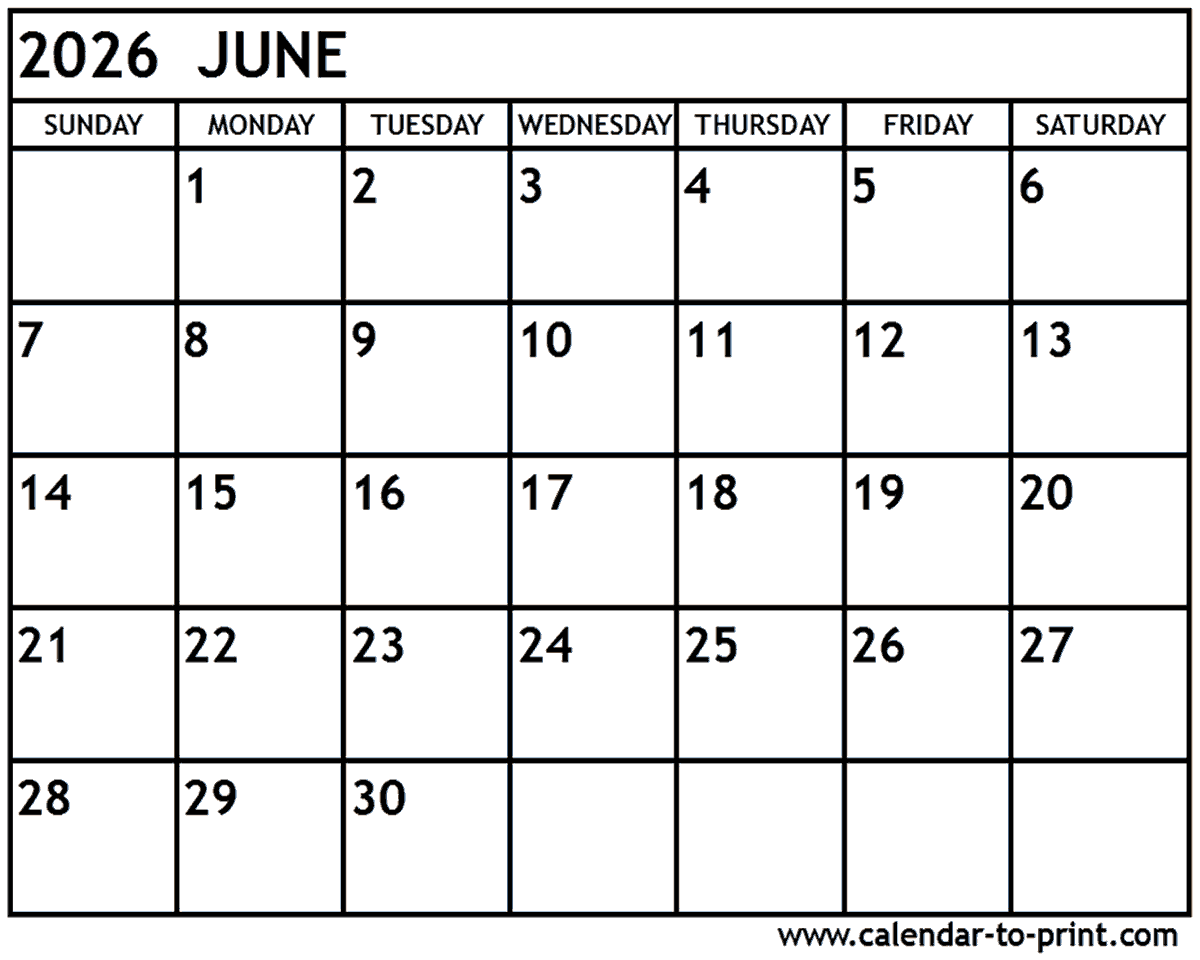 2026 June Printable Calendar